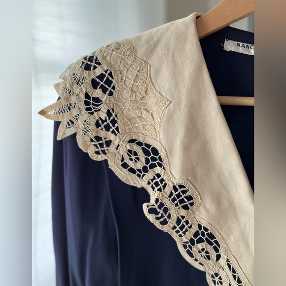 Vintage Nancy Johnson Navy Blue Midi Dress with Buttons and Lace Collar/Lapel - Picture 5 of 13